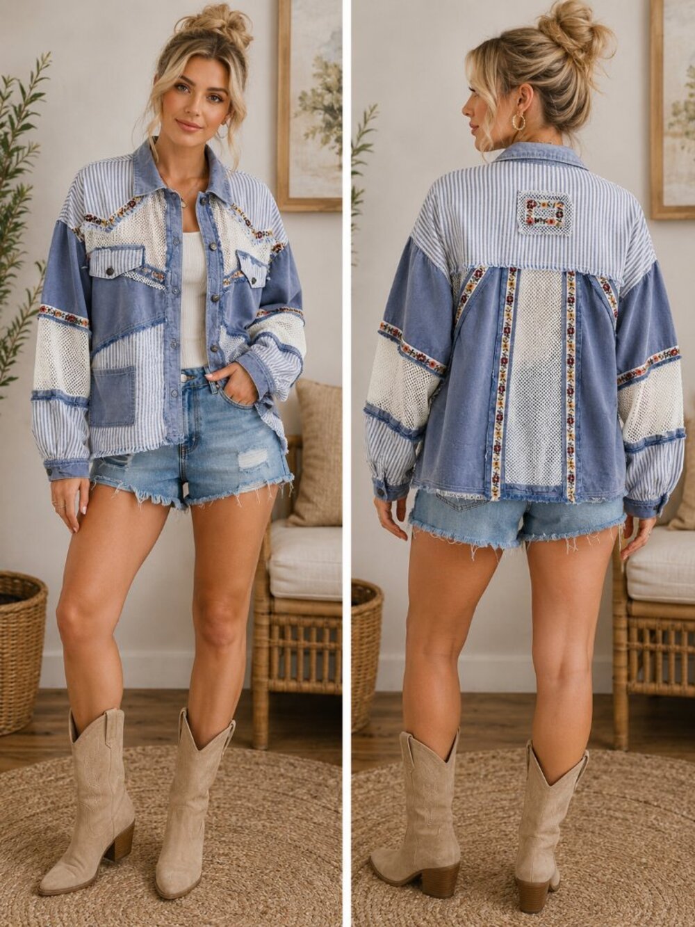 🌸 POL Mixed Media Mesh & Stripe Jean Jacket Size S 🌸